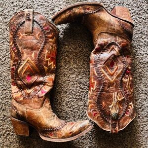 Corral Brown and Red Embroidered Heeled Boots